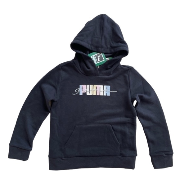 NWT Youth XS Black Pull Over Hoodie Colorful PUMA Print with Kangaroo Pockets - Picture 1 of 7